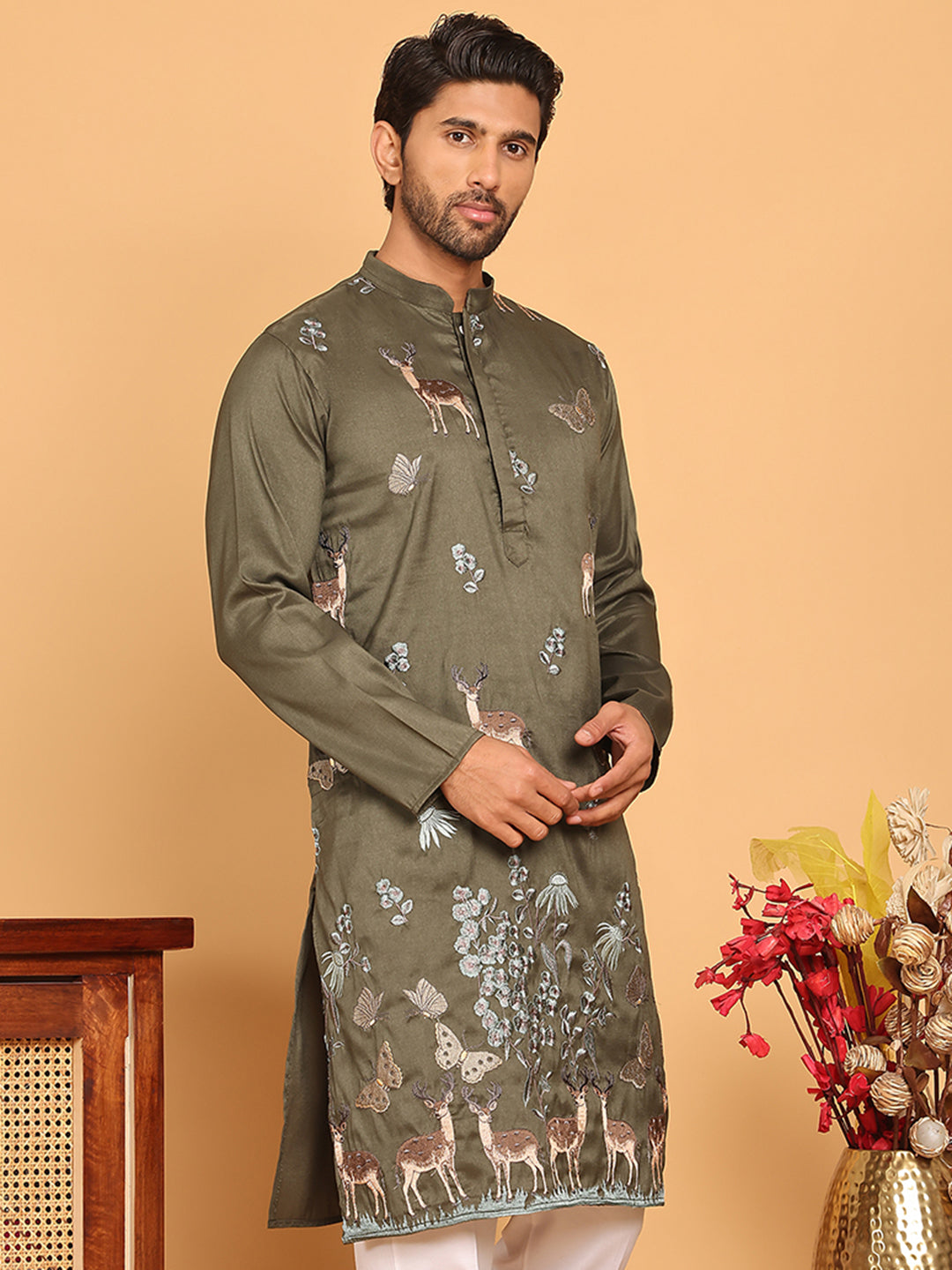 Embroidered Straight Kurtas For Men ( KO 5171 Olive )