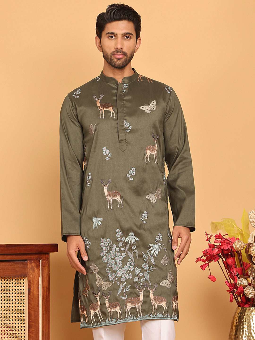 Embroidered Straight Kurtas For Men ( KO 5171 Olive )