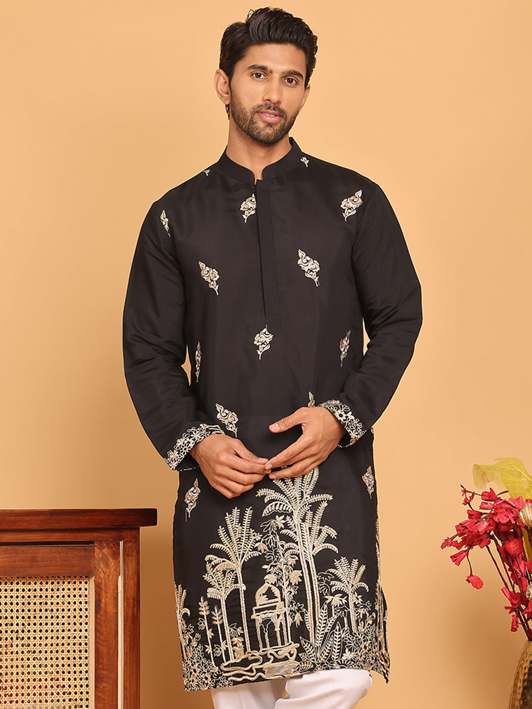 Black Embroidered Straight Kurtas For Men ( KO 5172 Black )
