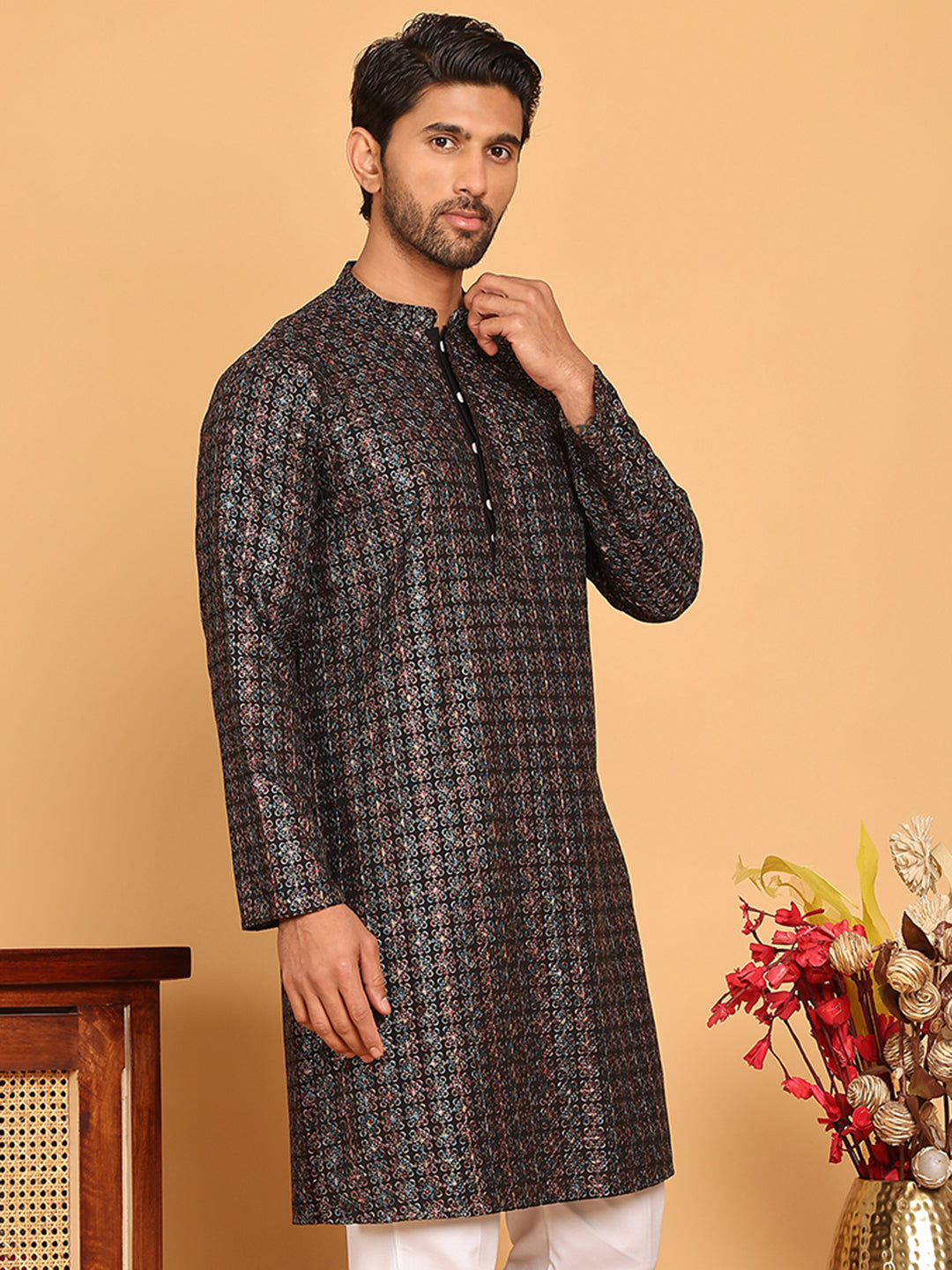 Embroidered and Sequins Viscose Rayon Kurtas For Men ( KO 5173 Blue )