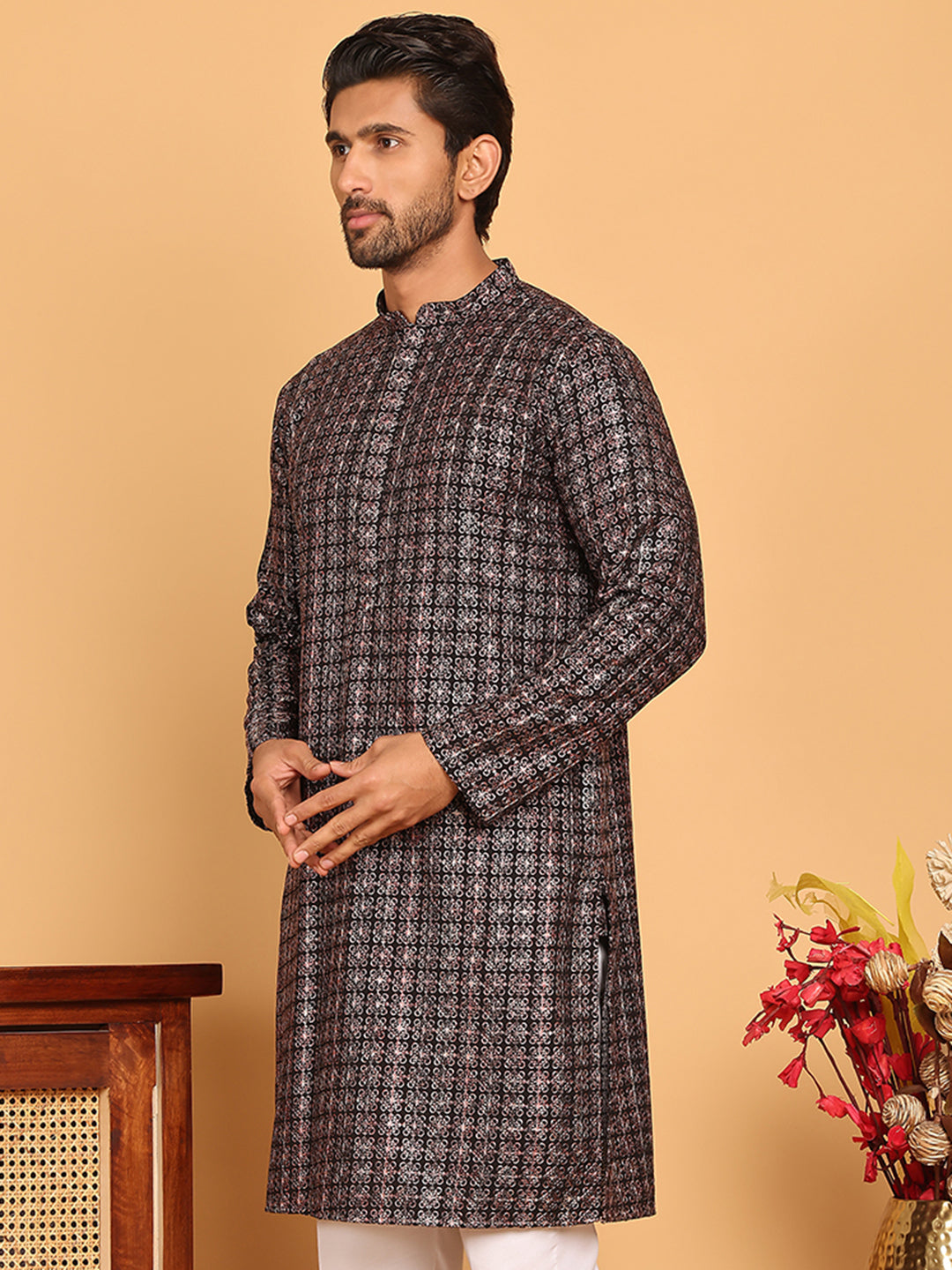 Embroidered and Sequins Viscose Rayon Kurtas For Men ( KO 5173 Silver )