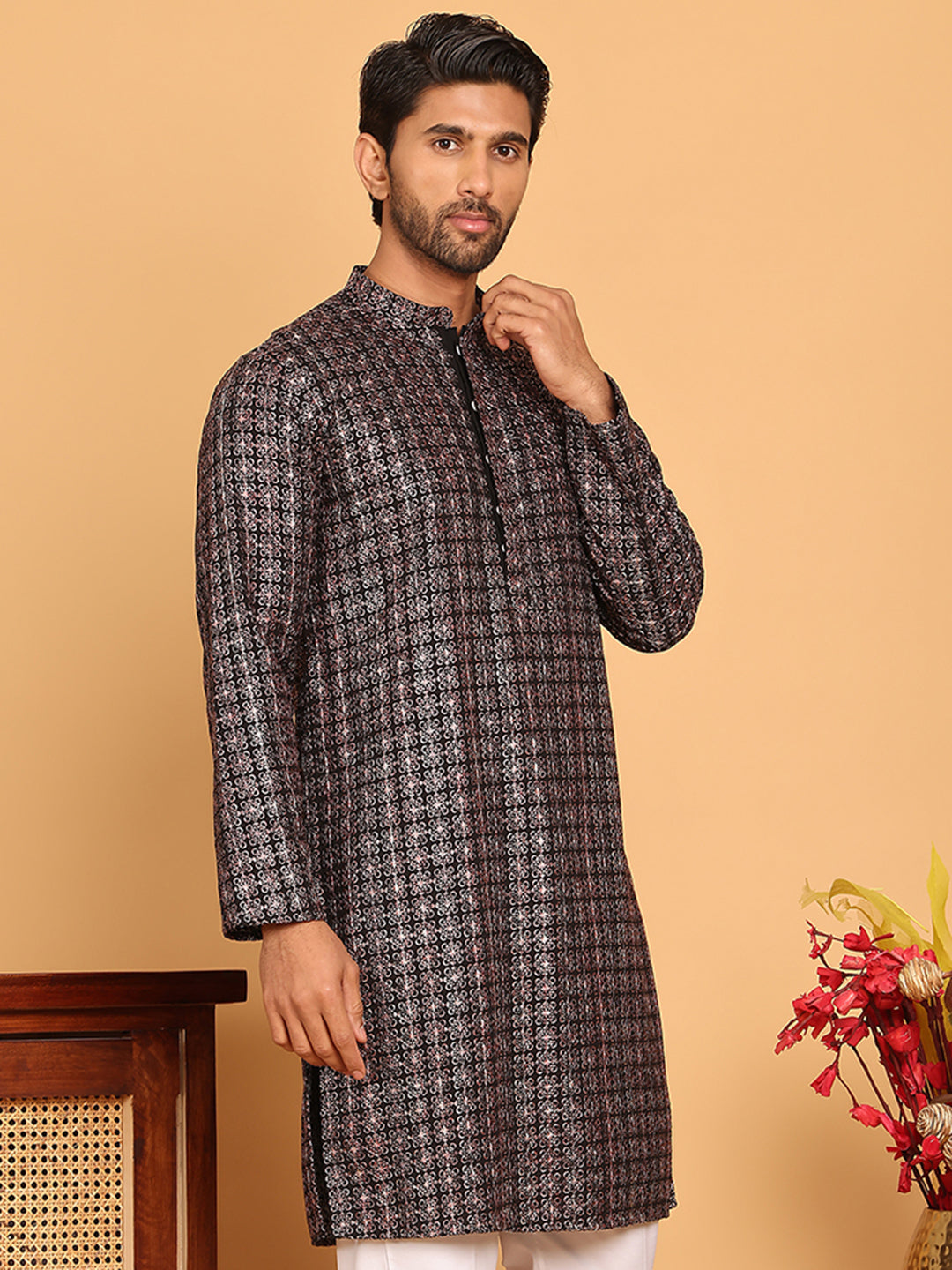 Embroidered and Sequins Viscose Rayon Kurtas For Men ( KO 5173 Silver )