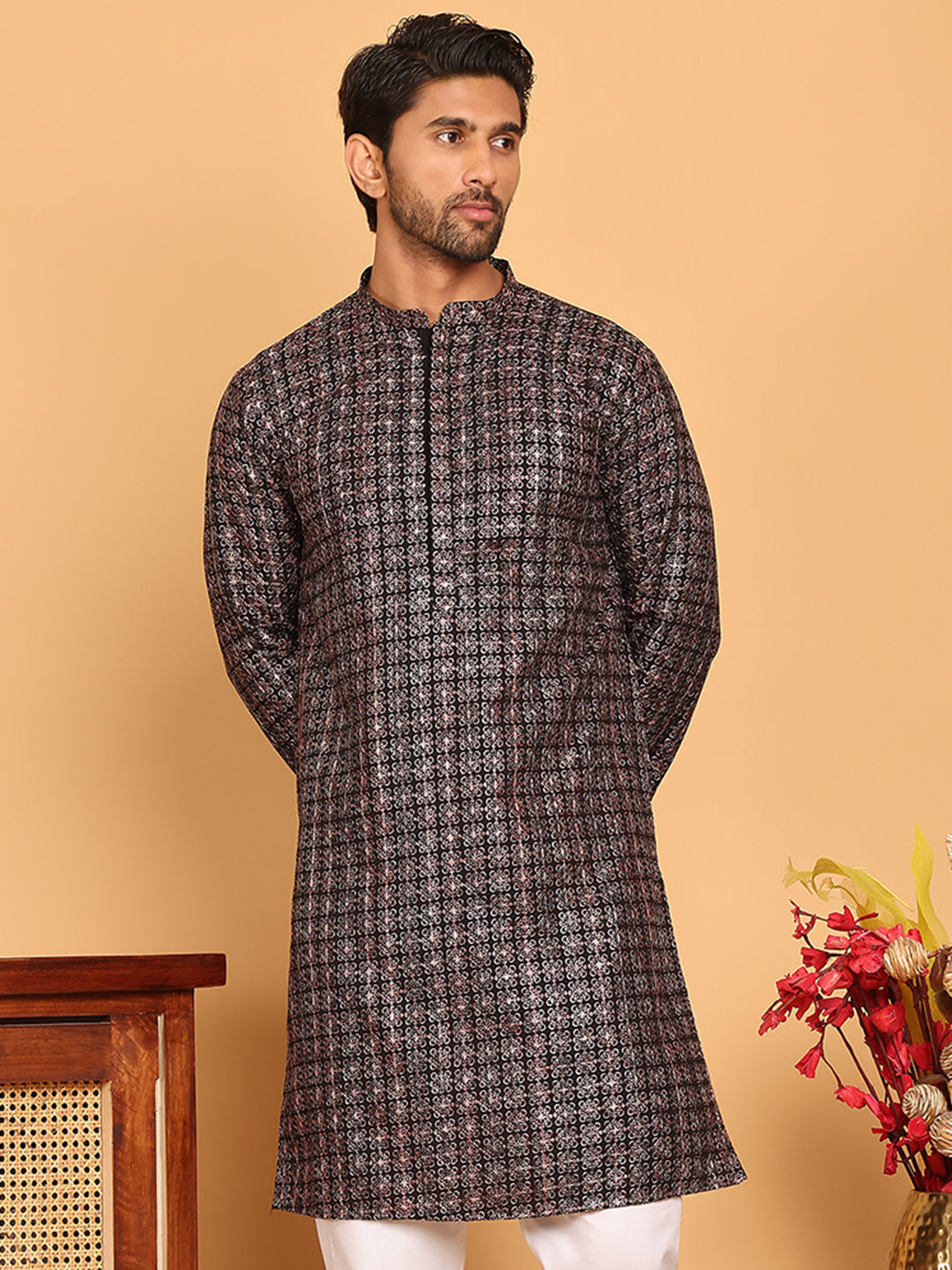 Embroidered and Sequins Viscose Rayon Kurtas For Men ( KO 5173 Silver )