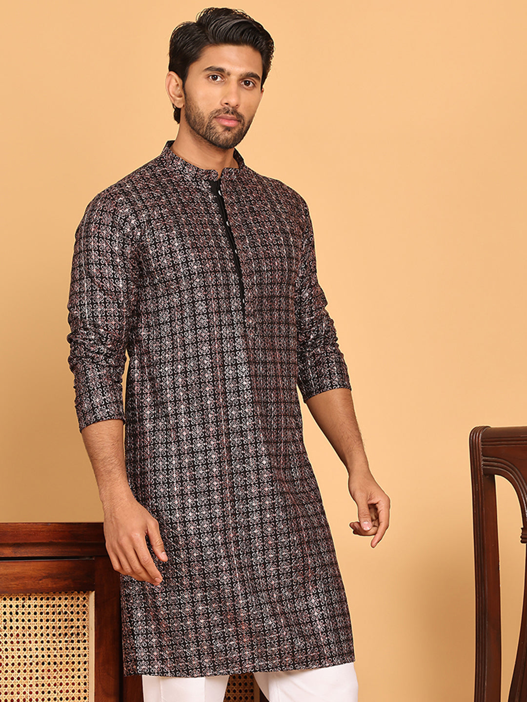 Embroidered and Sequins Viscose Rayon Kurtas For Men ( KO 5173 Silver )
