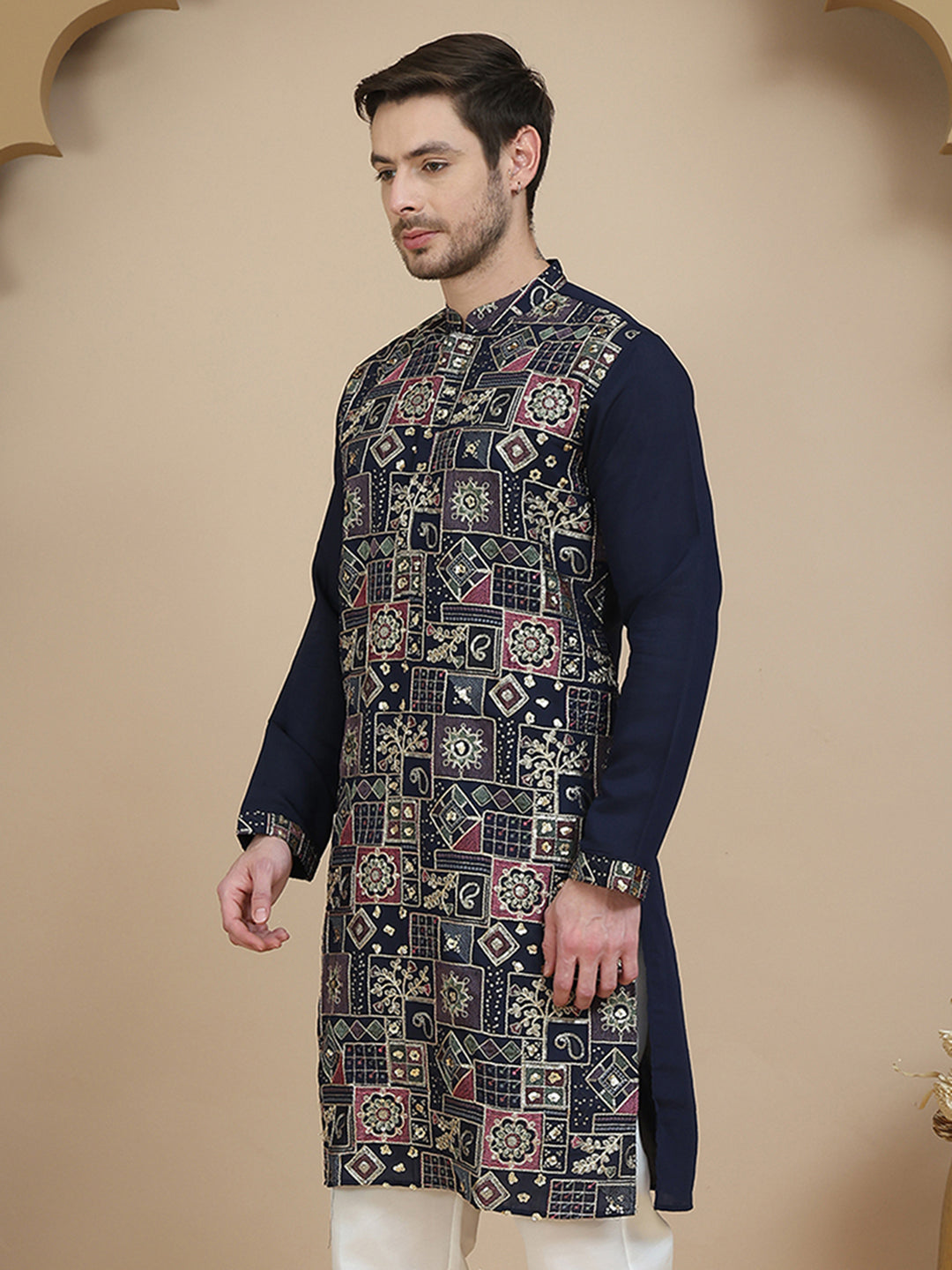Embroidered Straight Kurtas for Men ( KO 5174 Navy )