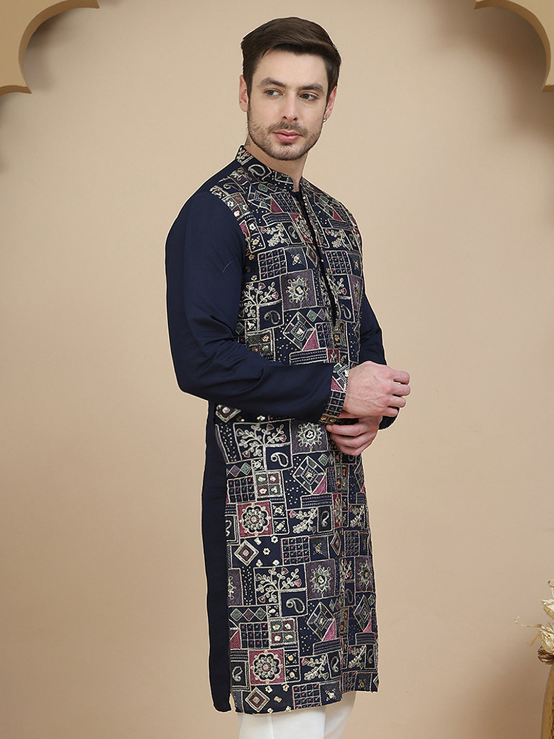 Embroidered Straight Kurtas for Men ( KO 5174 Navy )