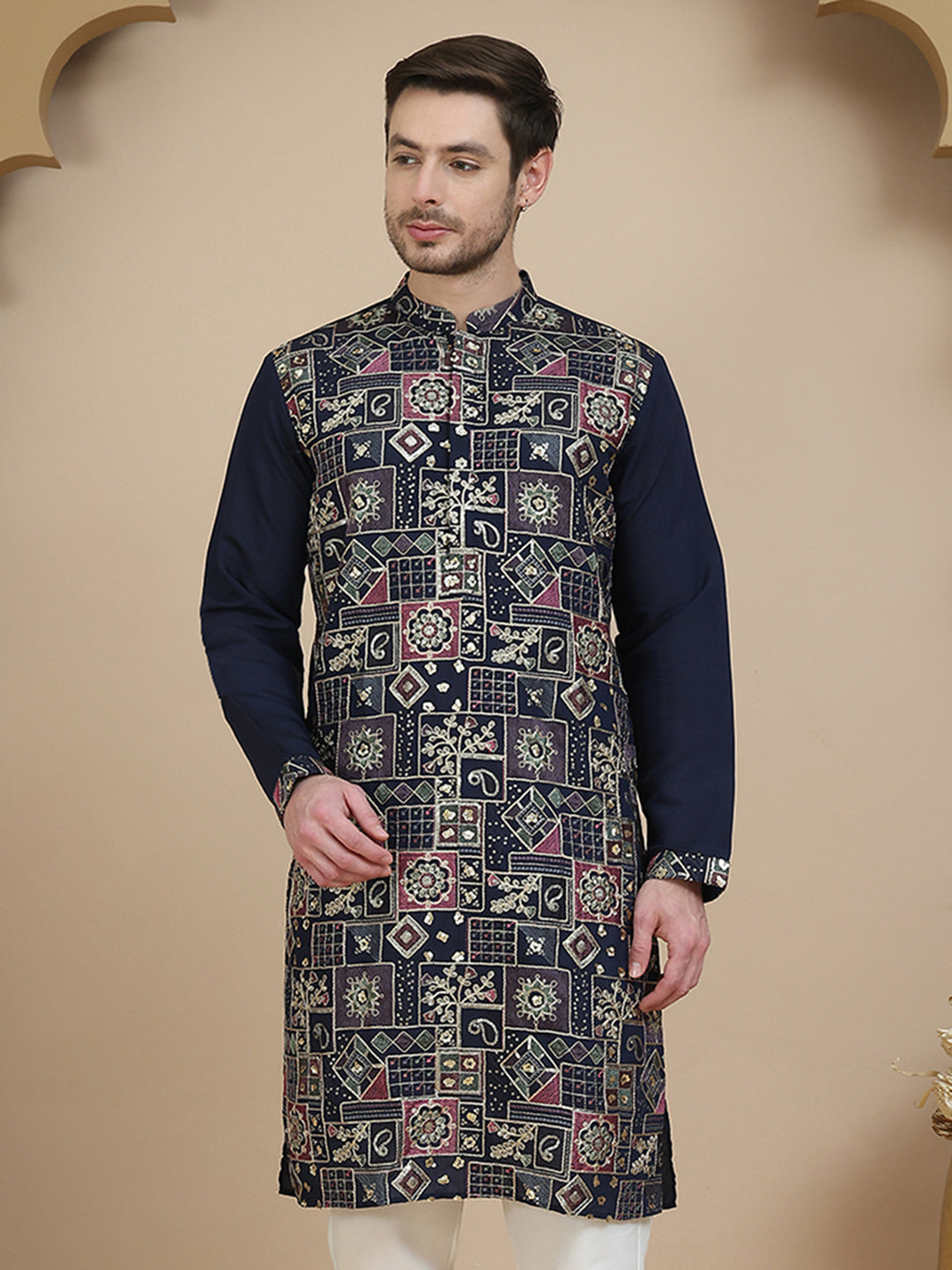 Embroidered Straight Kurtas for Men ( KO 5174 Navy )
