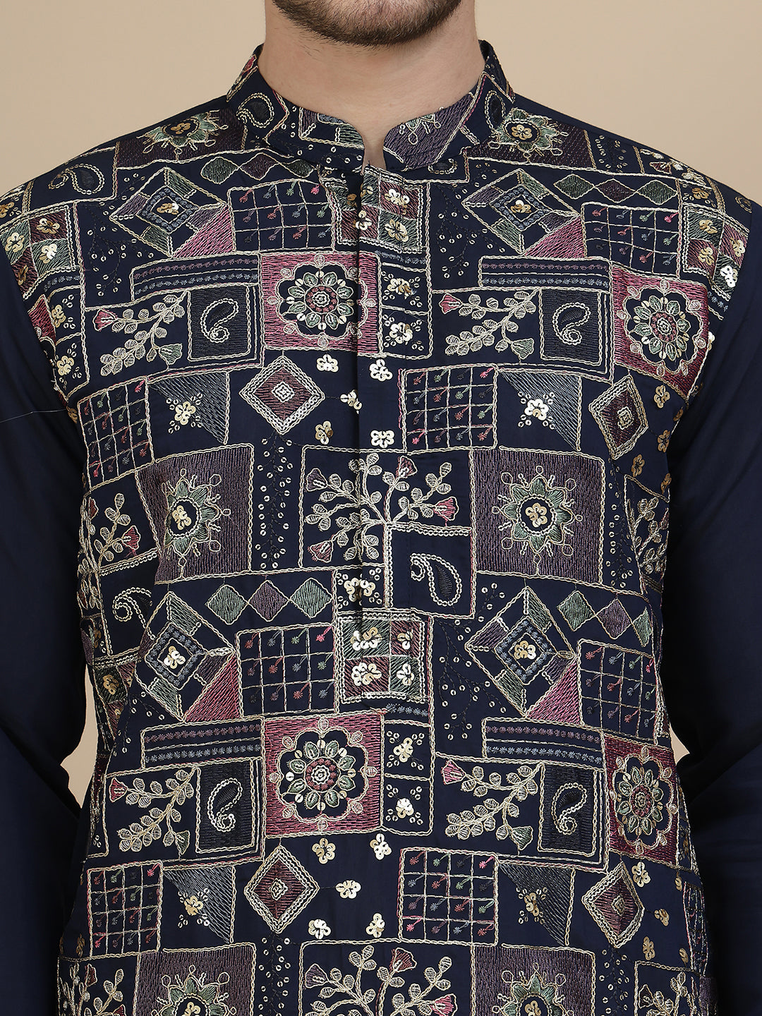Embroidered Straight Kurtas for Men ( KO 5174 Navy )