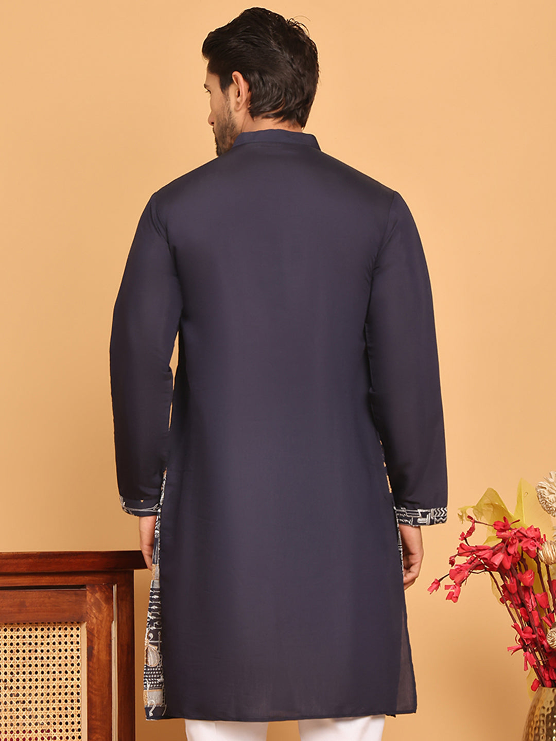 Navy Blue Embroidered Straight Kurtas For Men ( KO 5176 Navy )