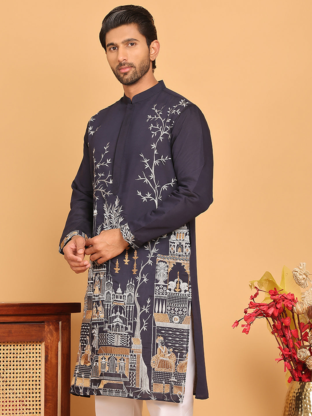 Navy Blue Embroidered Straight Kurtas For Men ( KO 5176 Navy )