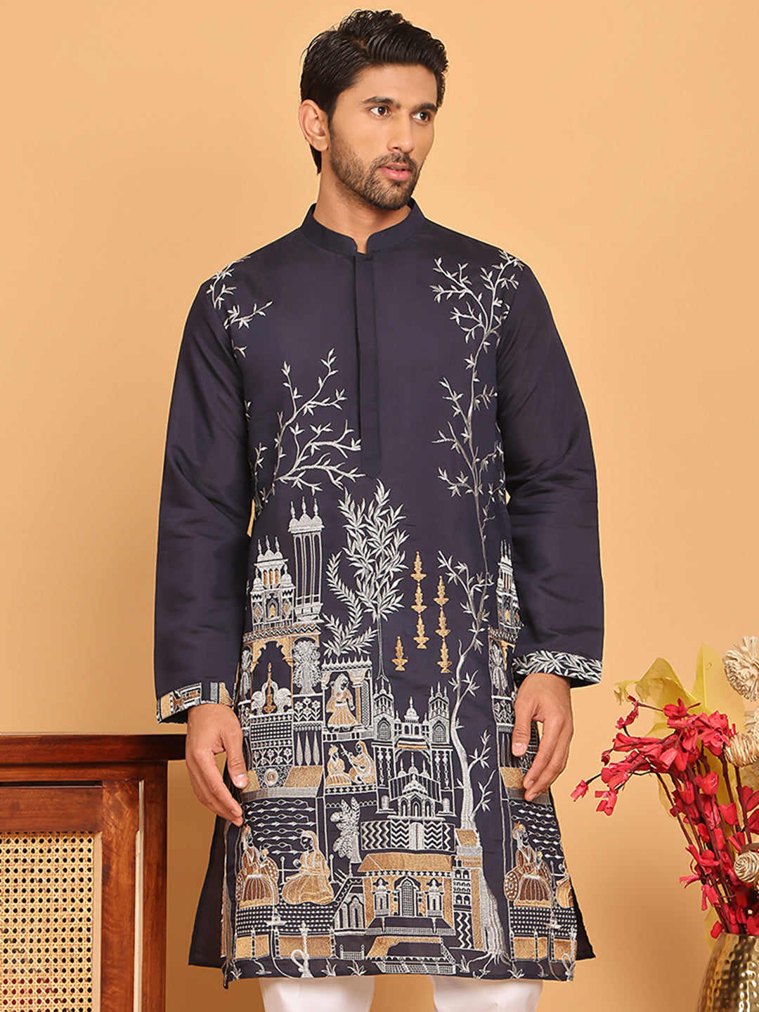 Navy Blue Embroidered Straight Kurtas For Men ( KO 5176 Navy )