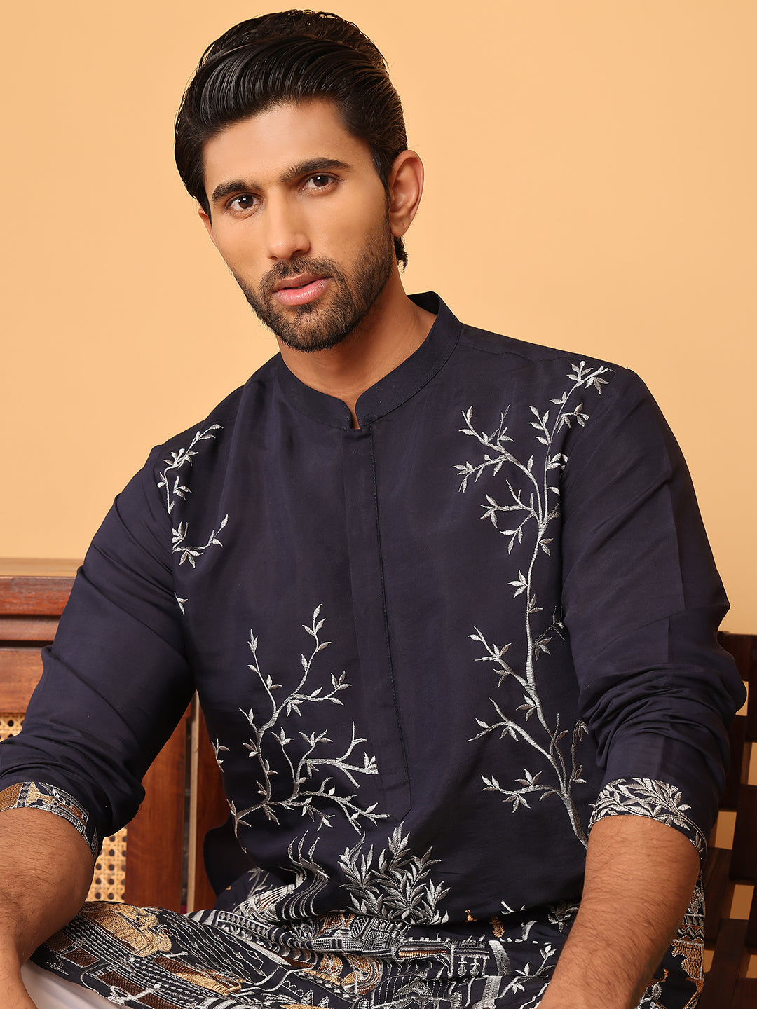 Navy Blue Embroidered Straight Kurtas For Men ( KO 5176 Navy )