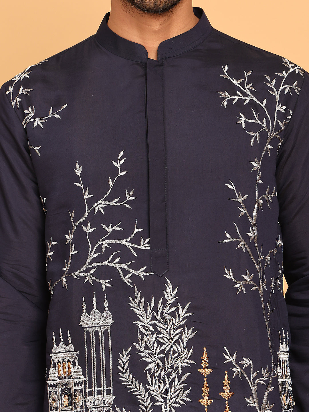 Navy Blue Embroidered Straight Kurtas For Men ( KO 5176 Navy )
