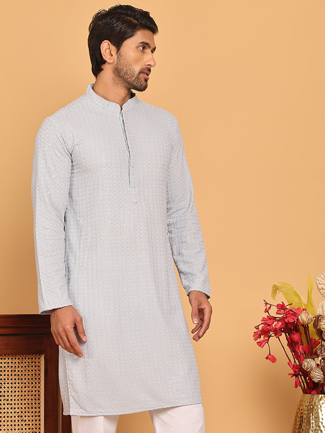 Embroidered & Sequence Kurtas for Men ( KO 5177 Grey )