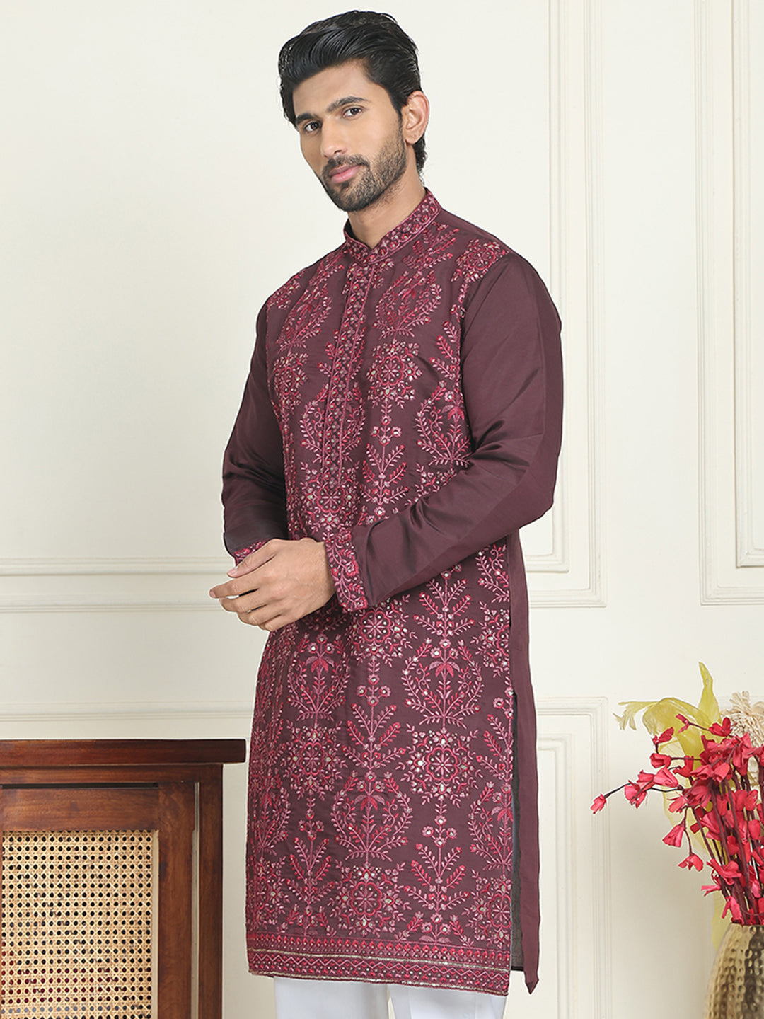 Embroidered Straight Kurtas For Men ( KO 5180 Purple )