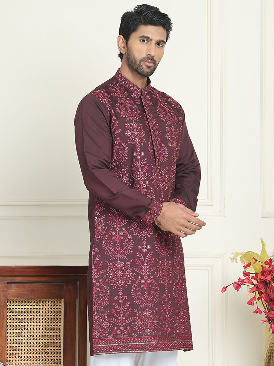 Embroidered Straight Kurtas For Men ( KO 5180 Purple )
