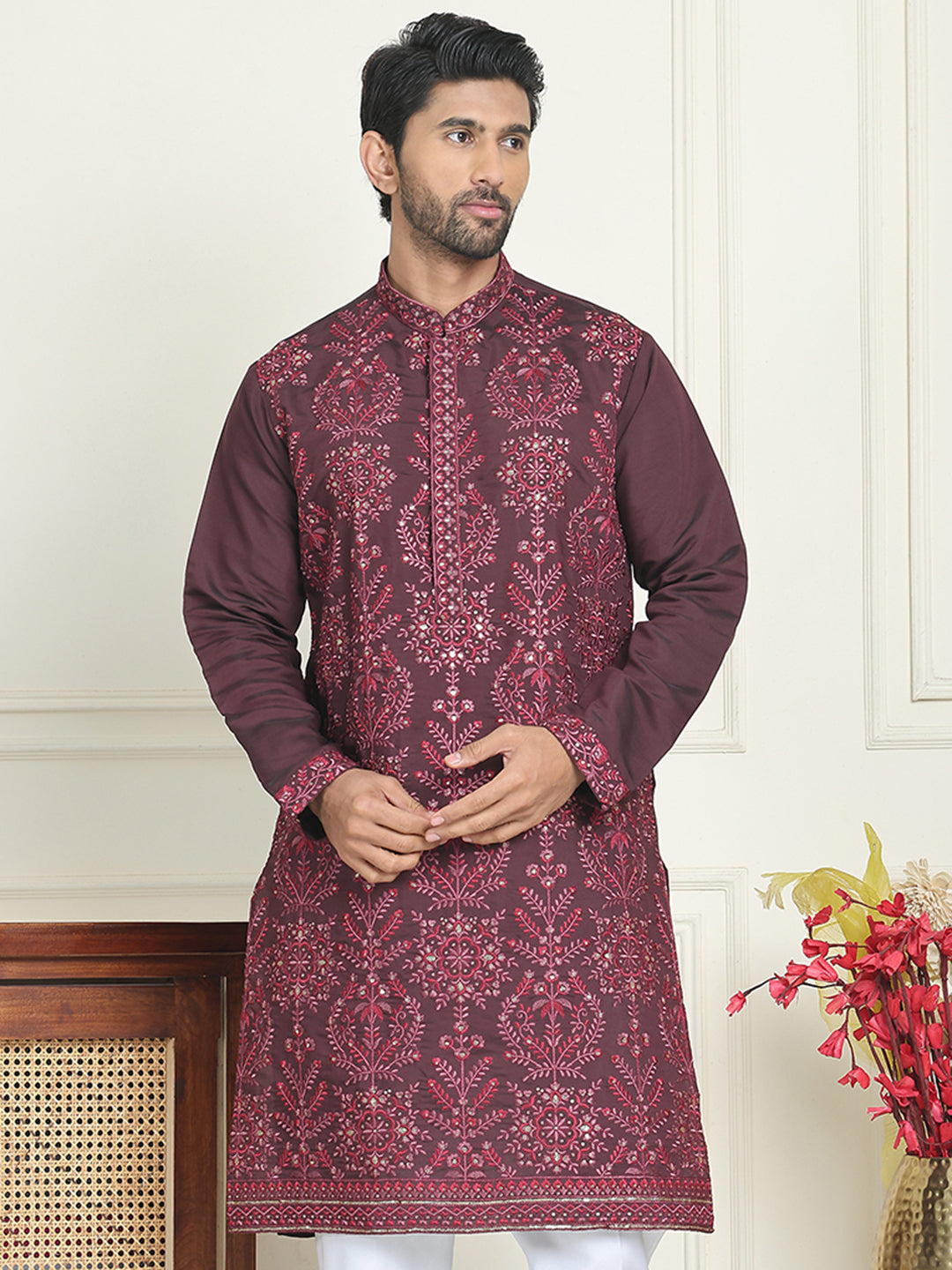 Embroidered Straight Kurtas For Men ( KO 5180 Purple )