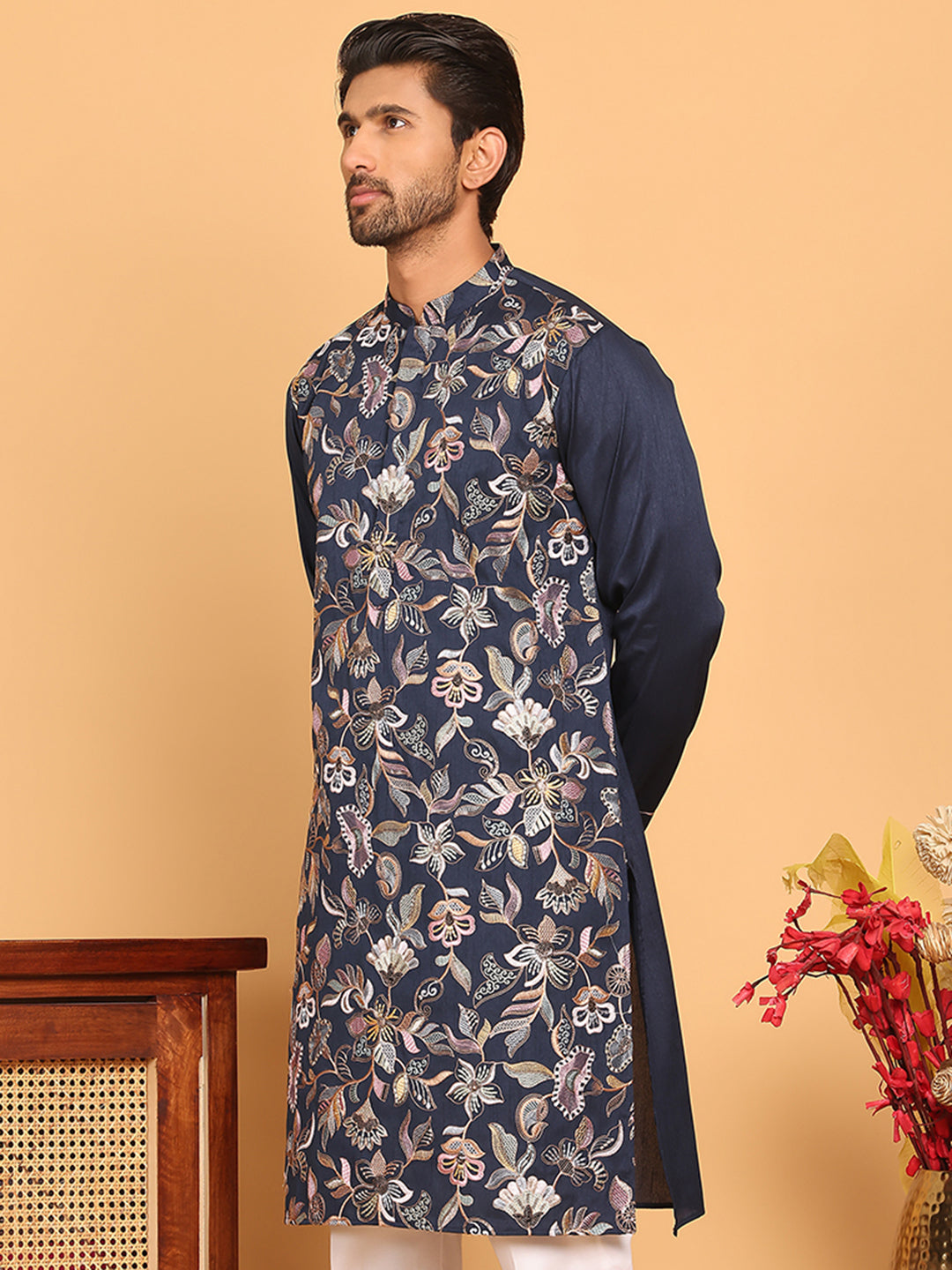 Embroidered Straight Kurtas For Men ( KO 5181 Navy )