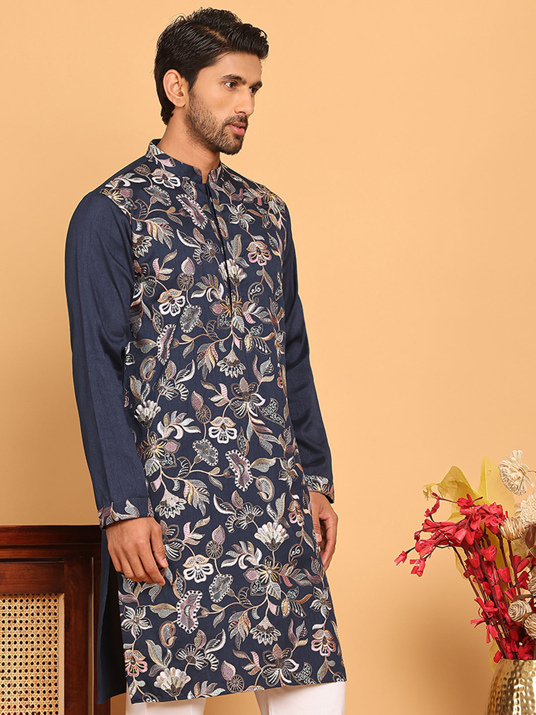 Embroidered Straight Kurtas For Men ( KO 5181 Navy )