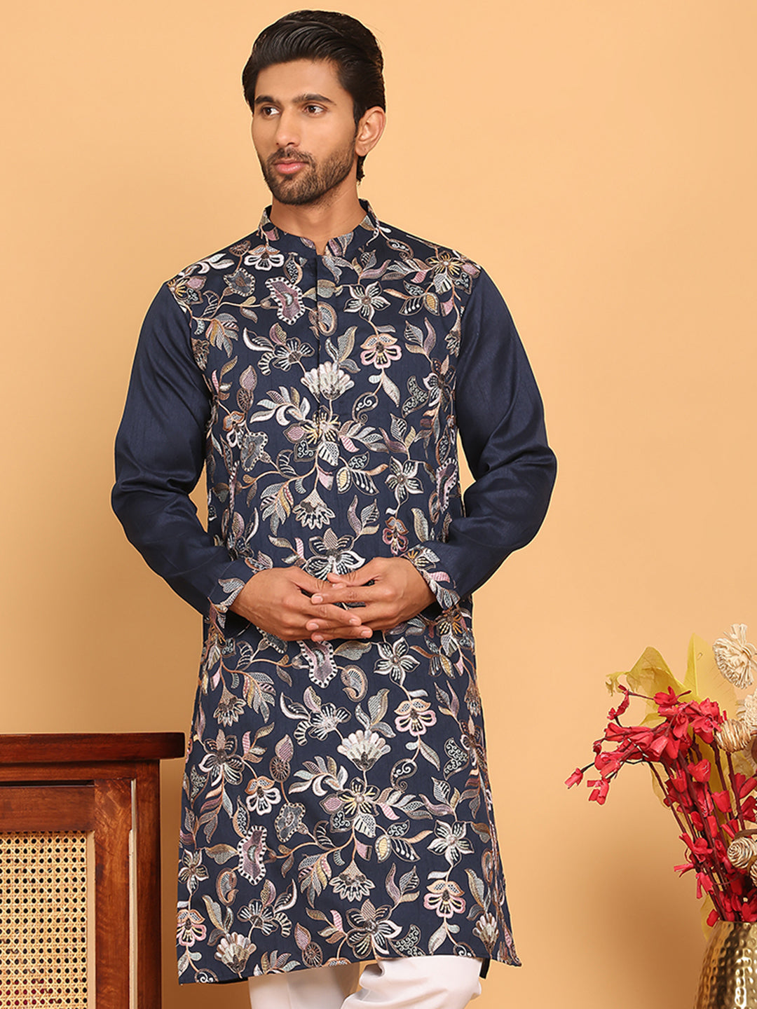 Embroidered Straight Kurtas For Men ( KO 5181 Navy )