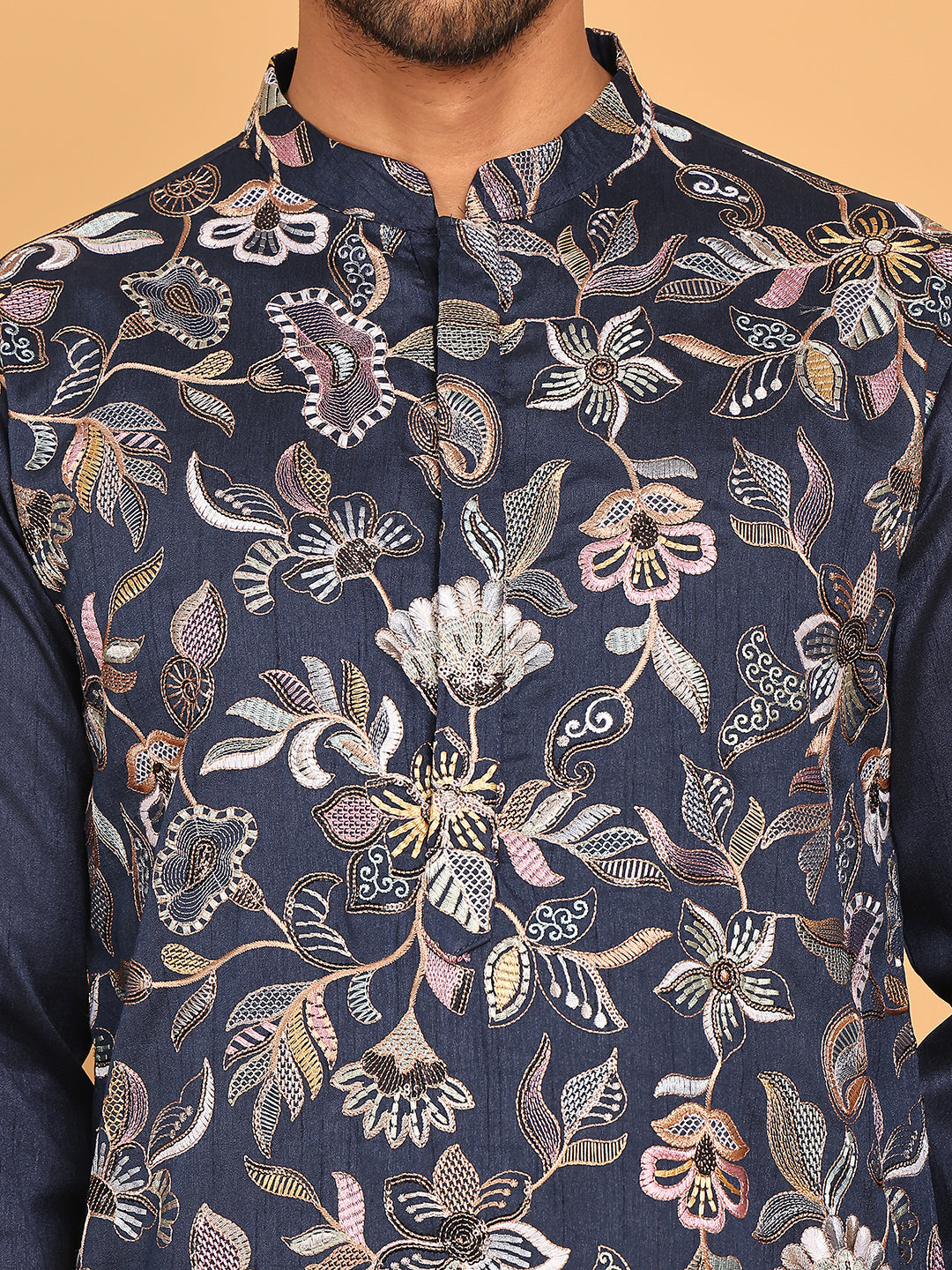 Embroidered Straight Kurtas For Men ( KO 5181 Navy )