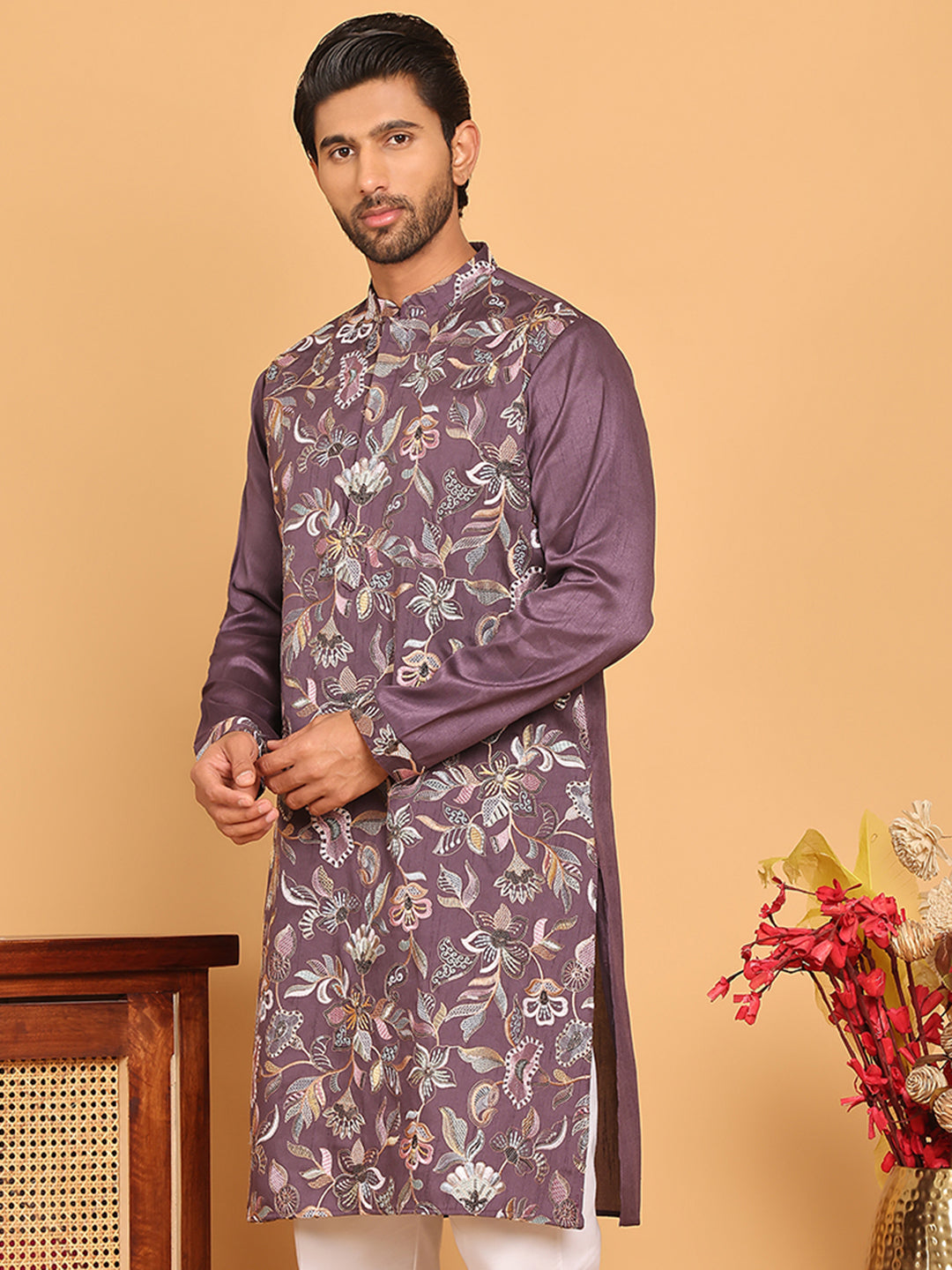 Embroidered Straight Kurtas For Men ( KO 5181 Purple )