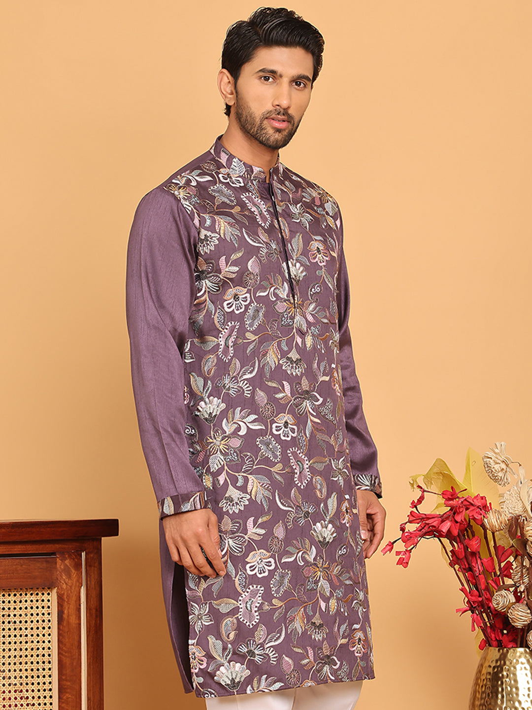 Embroidered Straight Kurtas For Men ( KO 5181 Purple )
