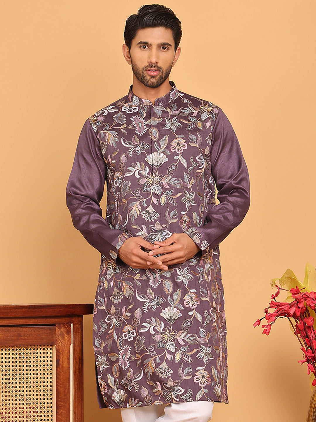 Embroidered Straight Kurtas For Men ( KO 5181 Purple )