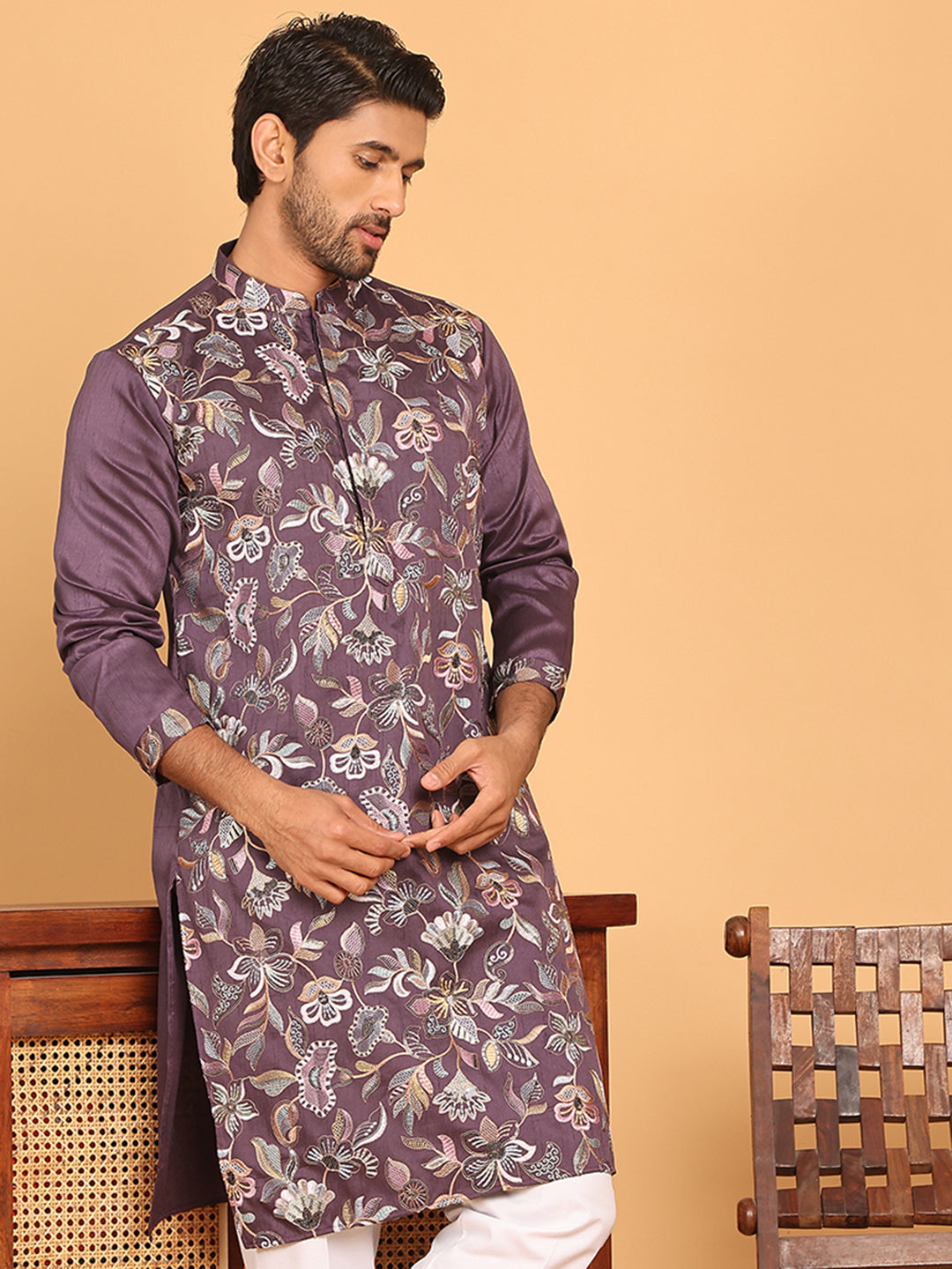 Embroidered Straight Kurtas For Men ( KO 5181 Purple )