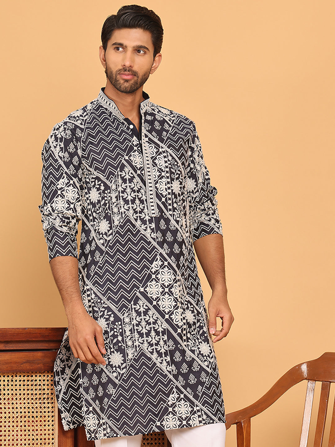 Floral Embroidery Silk Blend Kurtas for Men ( KO 5182 Navy )