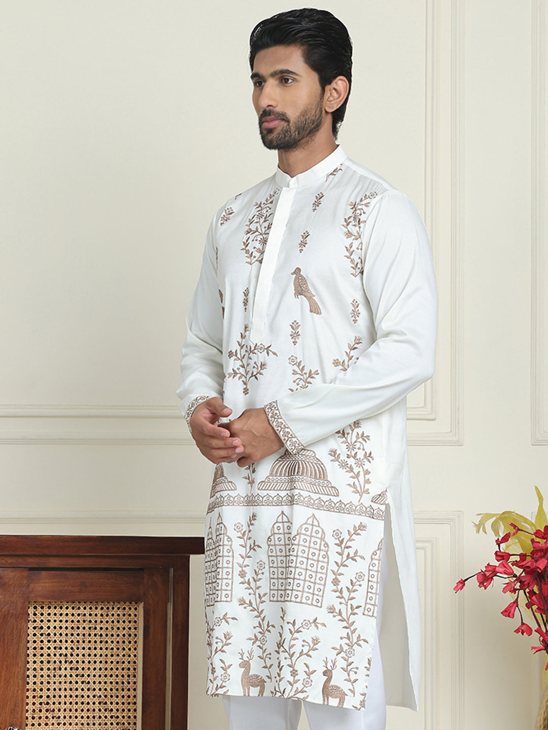 Embroidered Straight Kurtas For Men ( KO 5185 White )