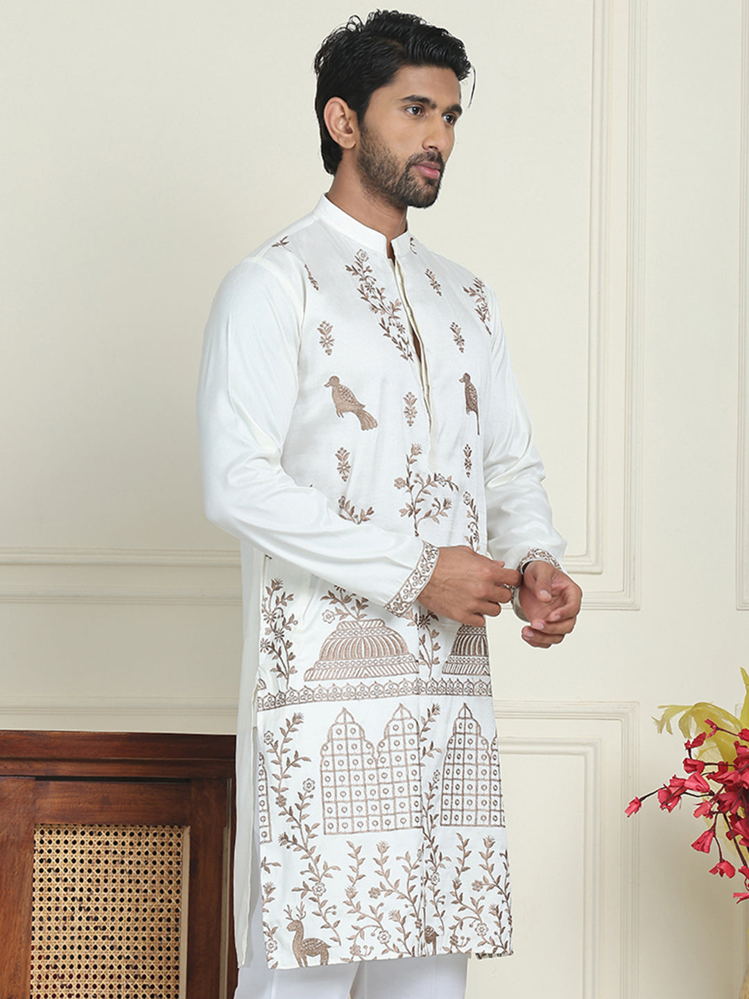 Embroidered Straight Kurtas For Men ( KO 5185 White )