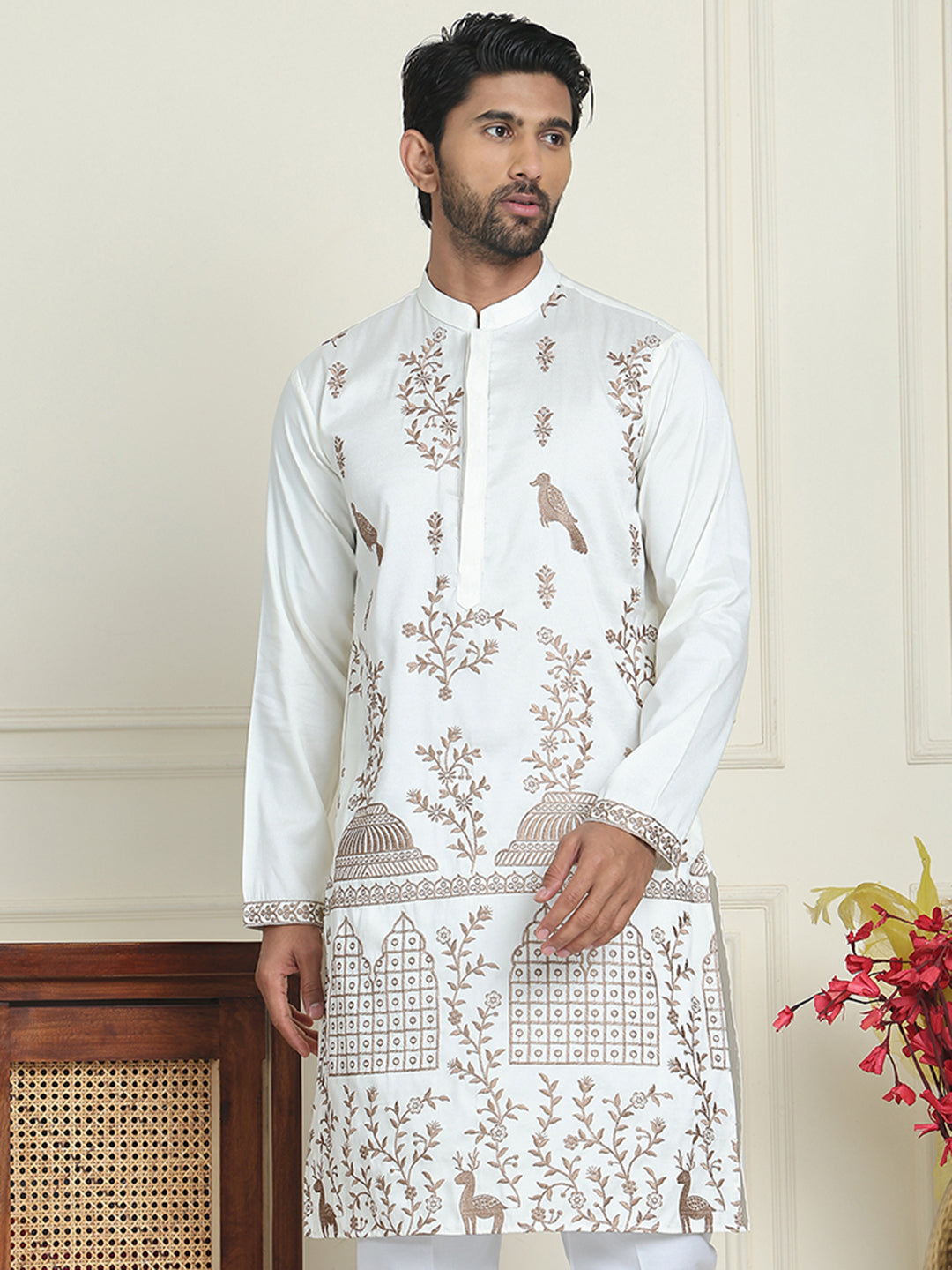 Embroidered Straight Kurtas For Men ( KO 5185 White )