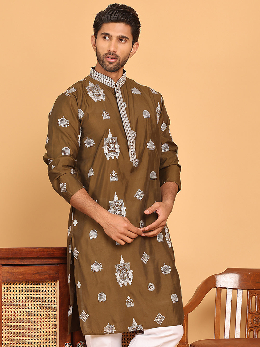Embroidered Silk Blend Kurtas ( KO 5191 Mehndi )