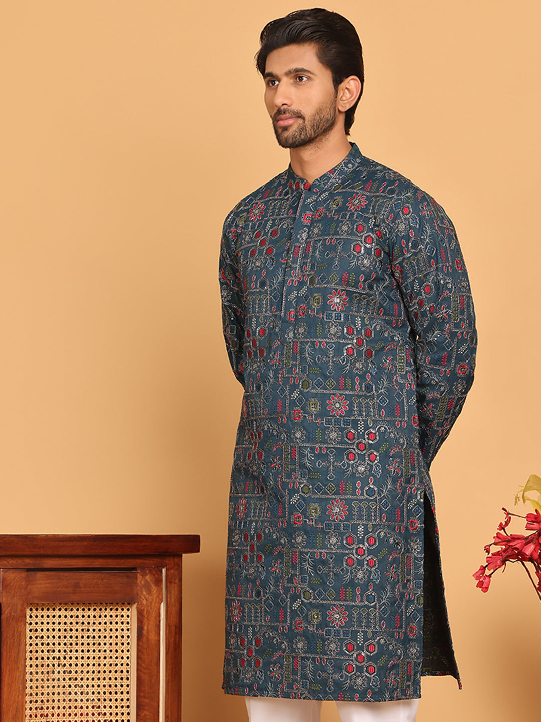 Blue Embroidered Straight Kurtas For Men ( KO 5192 Teal )