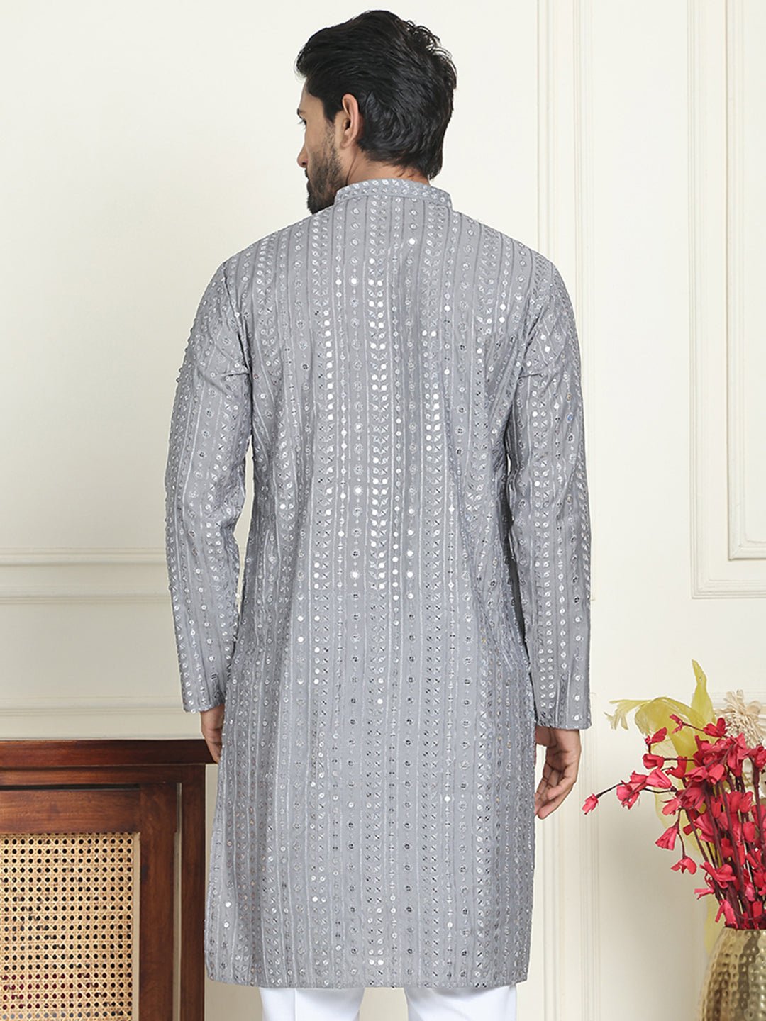 Embroidered and mirror work straight Kurtas For Men ( KO 5194 Grey )