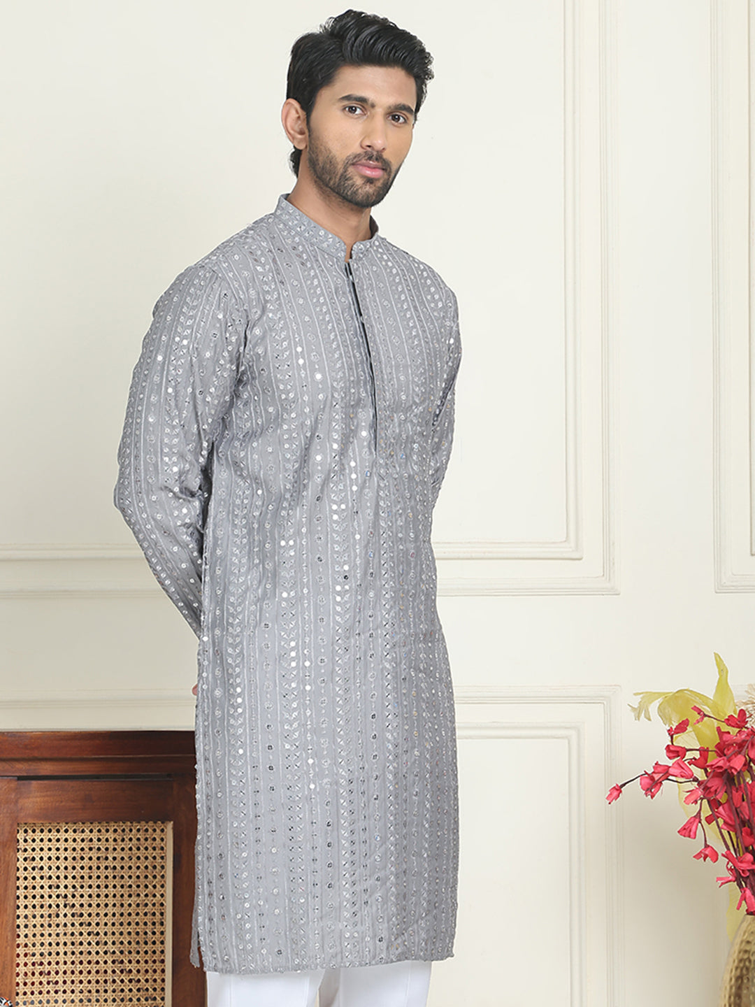 Embroidered and mirror work straight Kurtas For Men ( KO 5194 Grey )