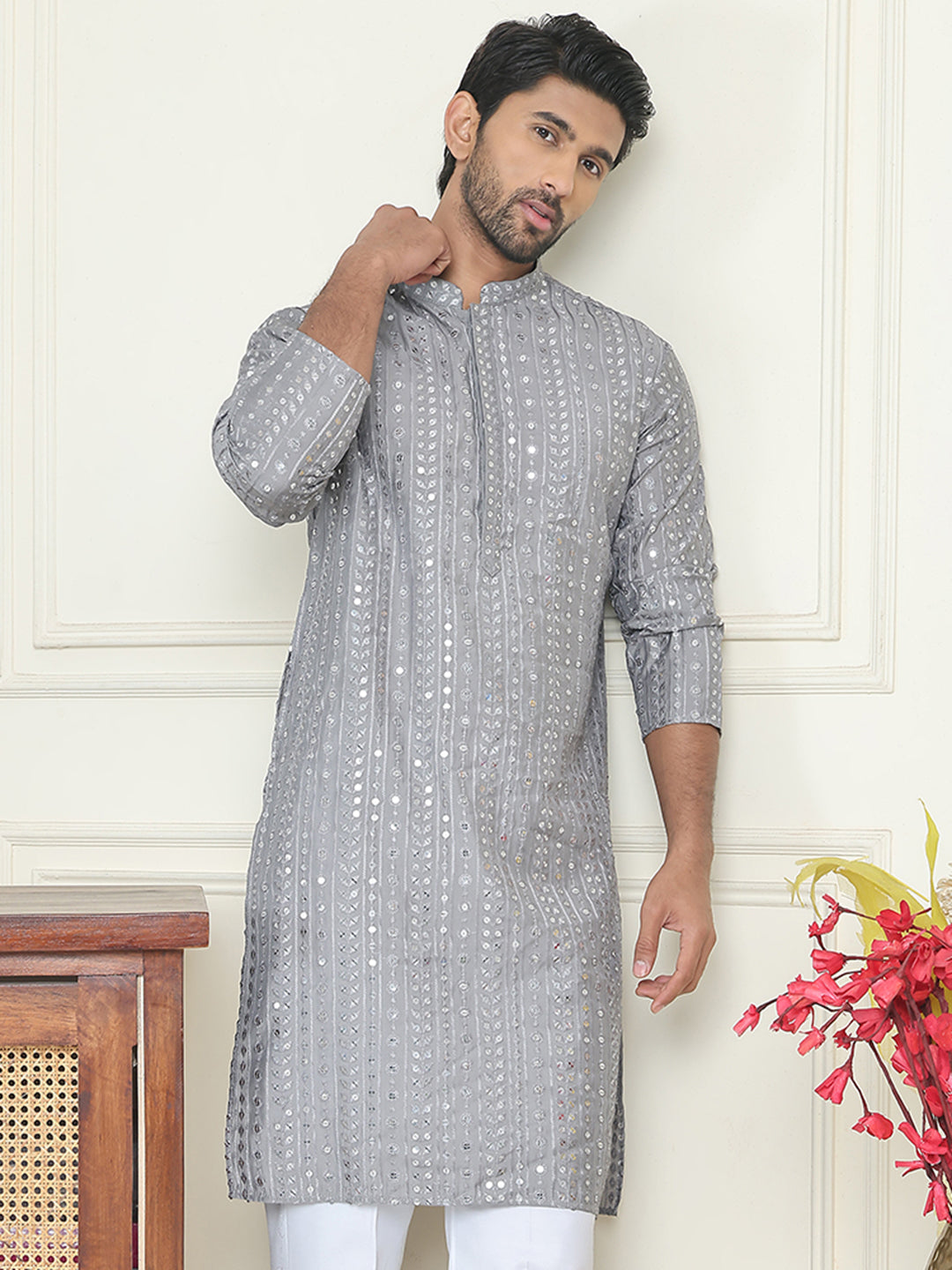 Embroidered and mirror work straight Kurtas For Men ( KO 5194 Grey )