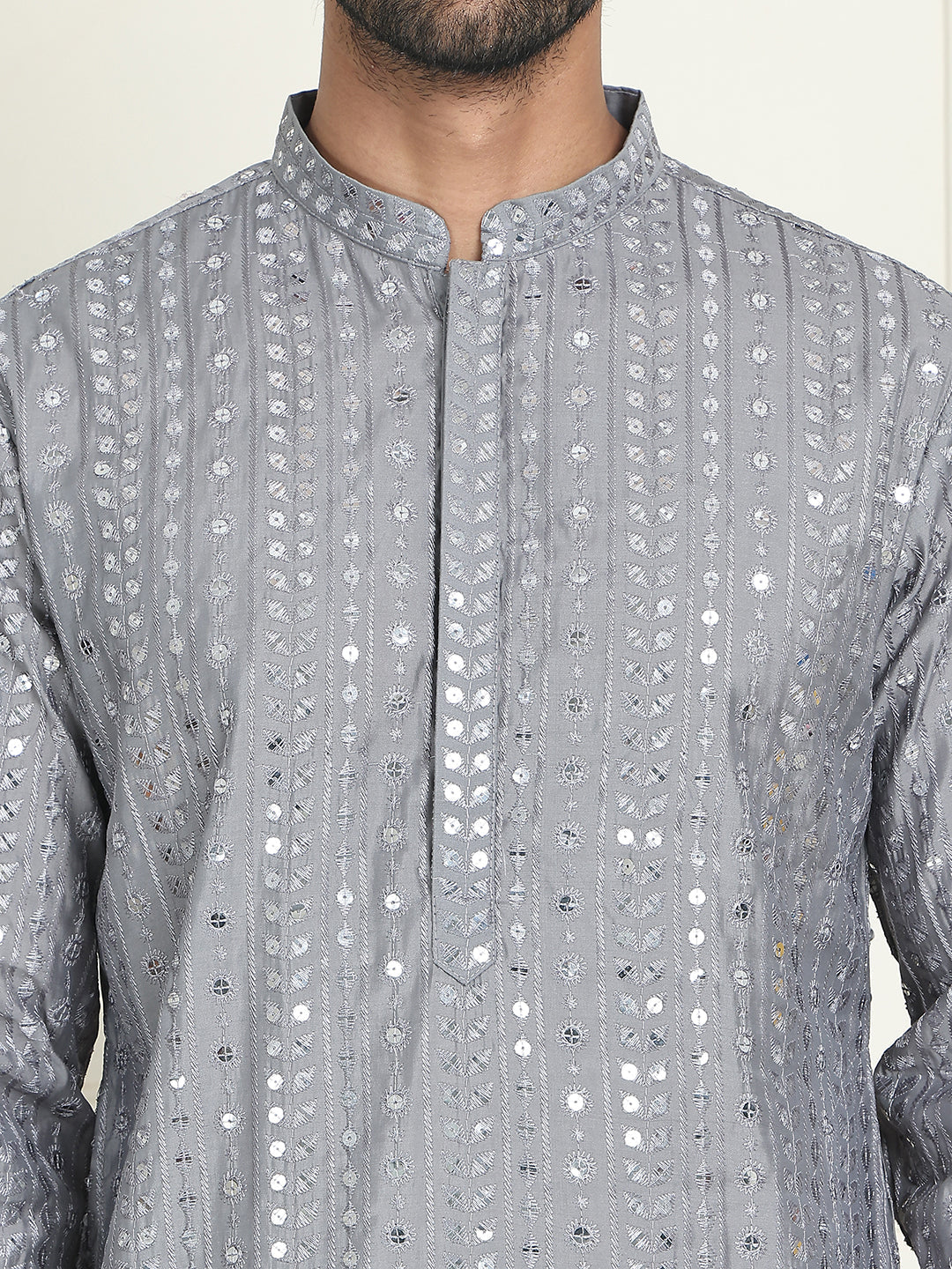 Embroidered and mirror work straight Kurtas For Men ( KO 5194 Grey )