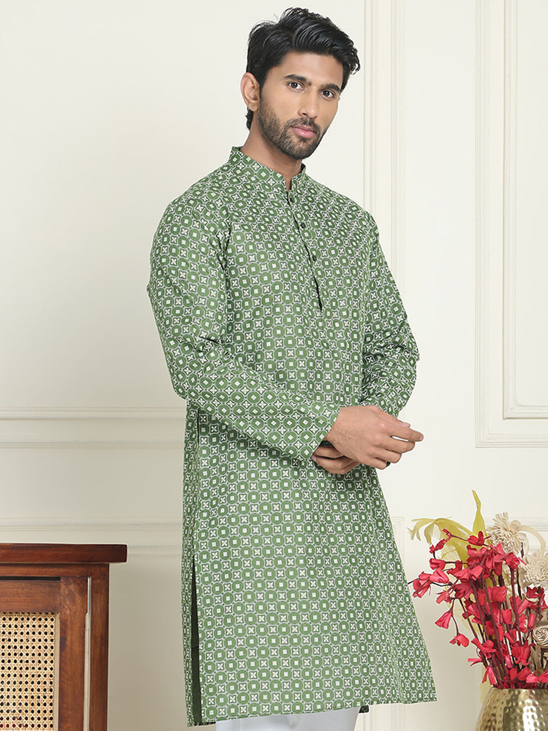Men's Geometric Printed Kurtas. ( KO 5198 Olive )