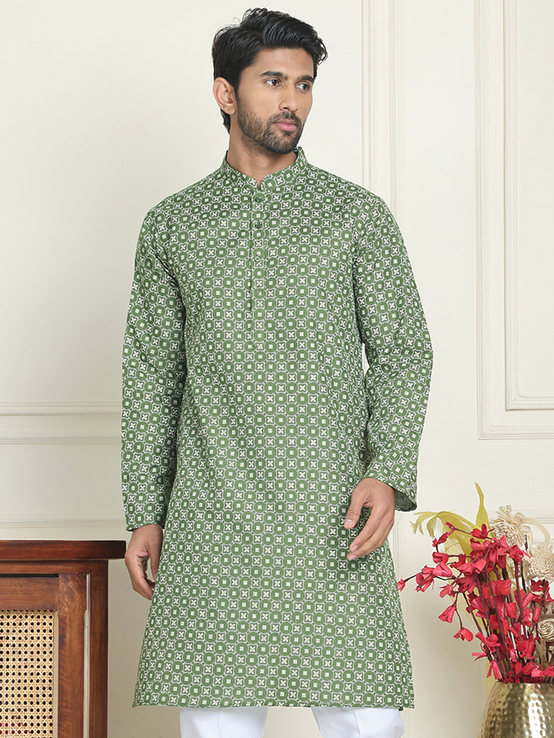 Men's Geometric Printed Kurtas. ( KO 5198 Olive )