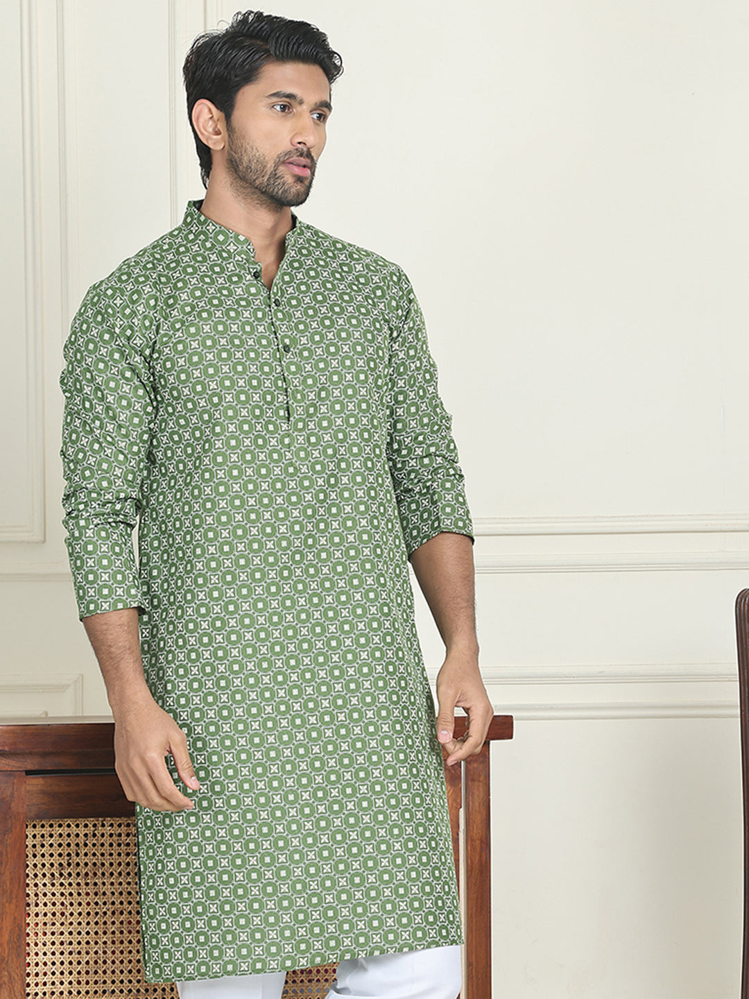 Men's Geometric Printed Kurtas. ( KO 5198 Olive )