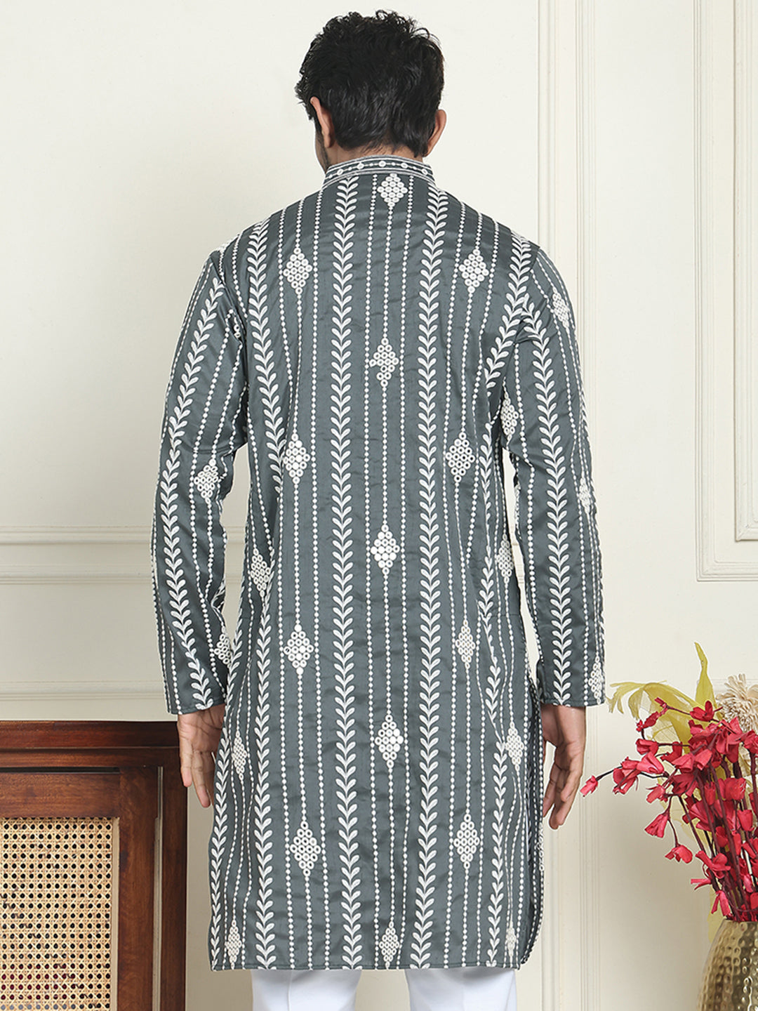 Embroidery and mirror work straight Kurtas. ( KO 5199 Grey )