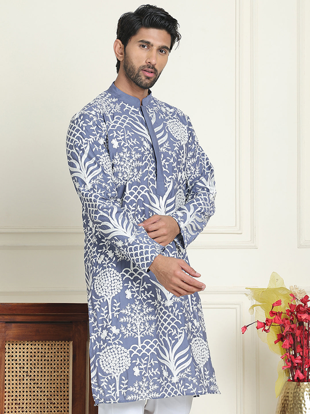 Embroidered Silk Blend Kurtas ( KO 5201 Blue )