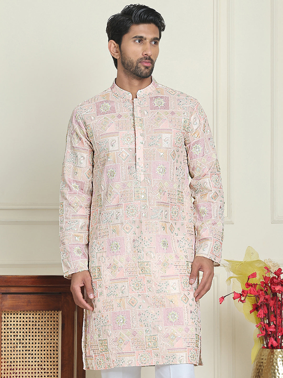 Embroidered Straight Kurtas For Men ( KO 5202 Peach )