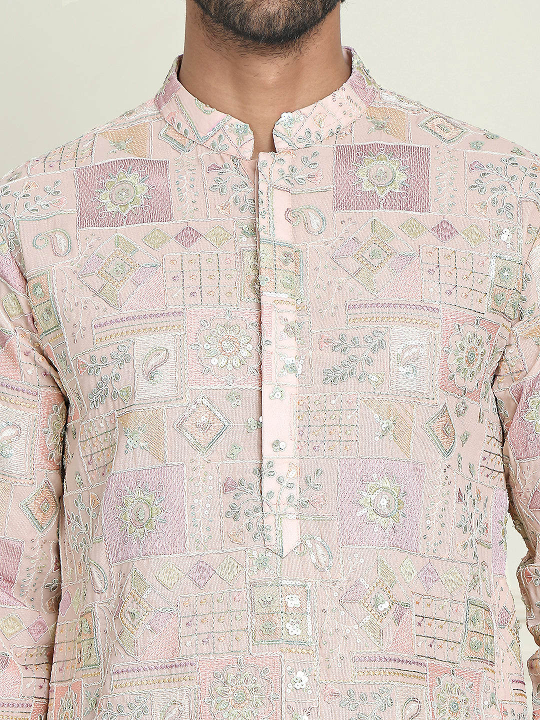 Embroidered Straight Kurtas For Men ( KO 5202 Peach )