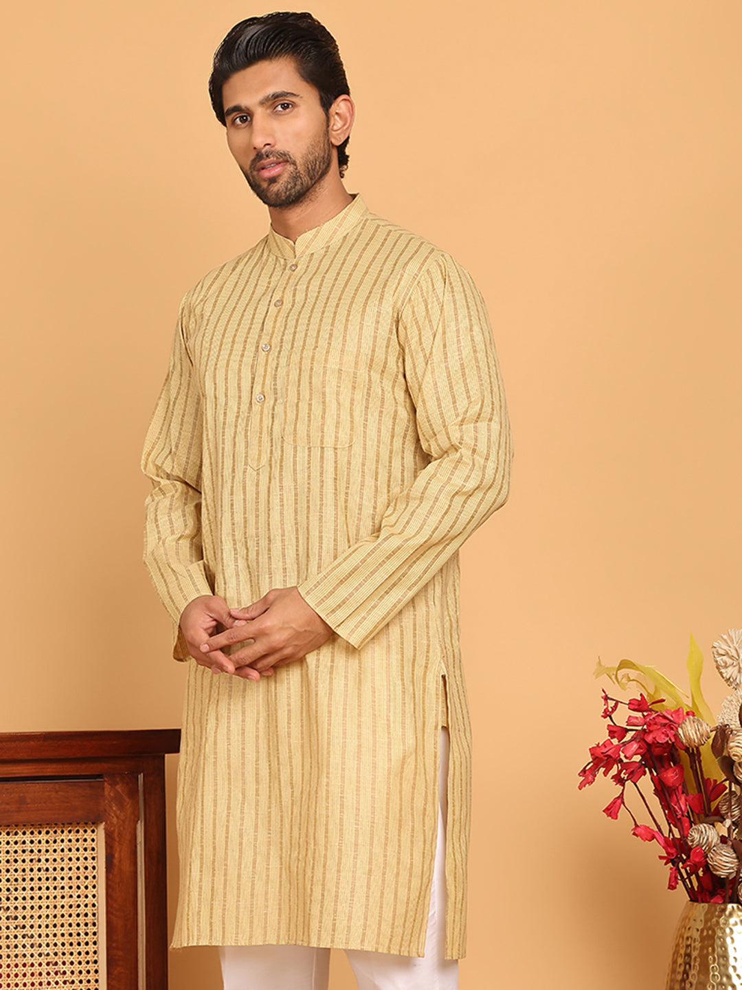 Men's Cotton Striped Kurtas ( KO 5207 Beige )