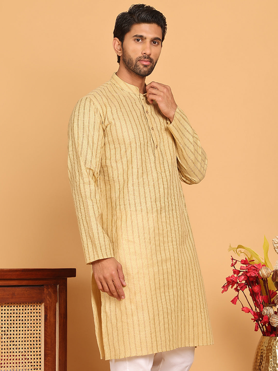 Men's Cotton Striped Kurtas ( KO 5207 Beige )