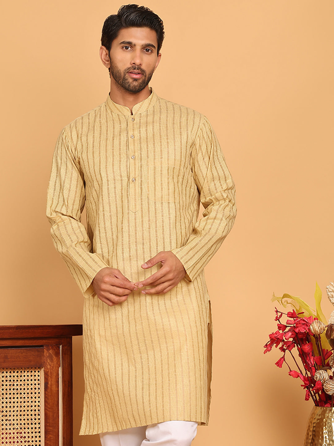 Men's Cotton Striped Kurtas ( KO 5207 Beige )
