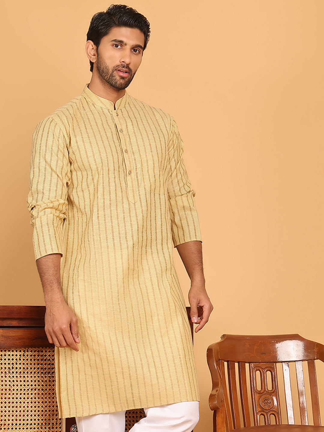 Men's Cotton Striped Kurtas ( KO 5207 Beige )